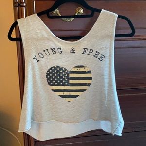 Gray Young & Free American Flag Cropped Tank
